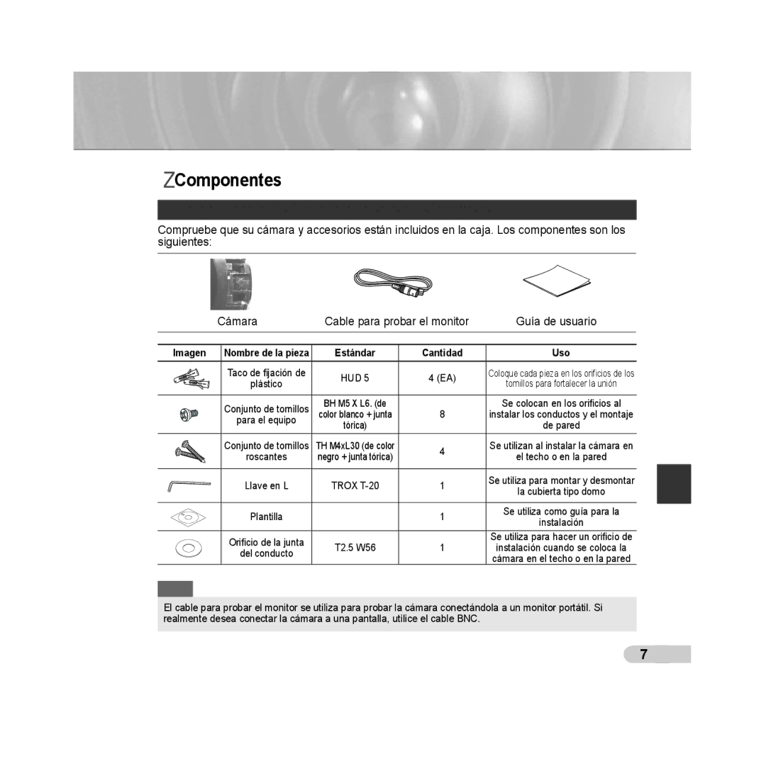 Samsung SCC-B5392P, SCC-B5393P manual Componentes, Comprobación de los componentes del paquete, Imagen 