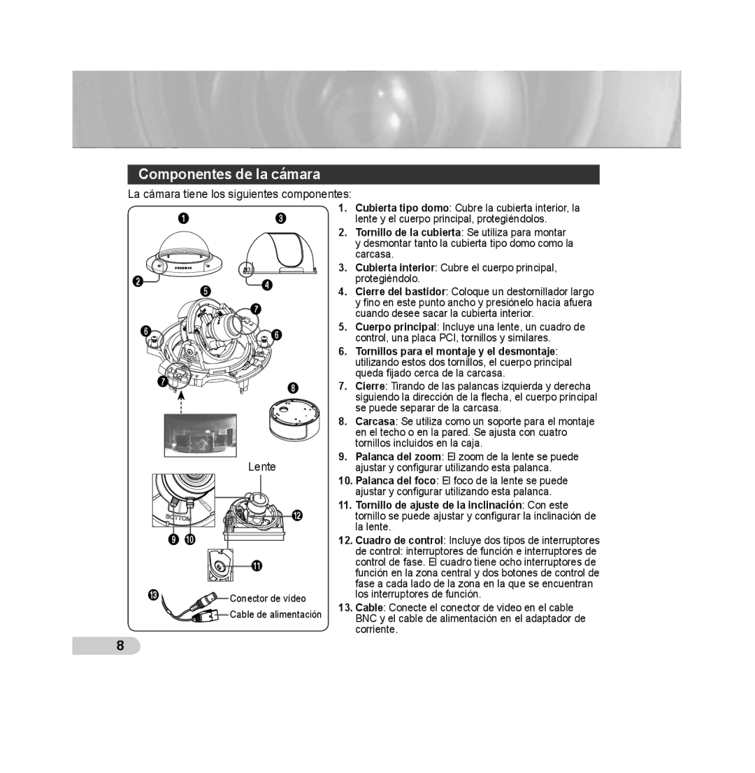 Samsung SCC-B5393P, SCC-B5392P manual Componentes de la cámara, @ 9 