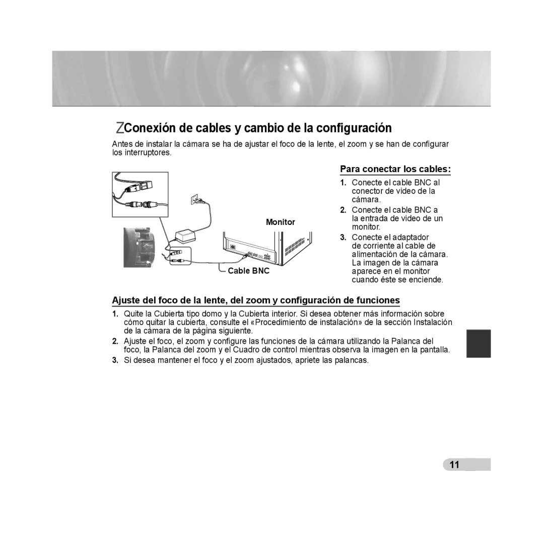 Samsung SCC-B5392P, SCC-B5393P Conexión de cables y cambio de la conﬁguración, Para conectar los cables, Monitor Cable BNC 