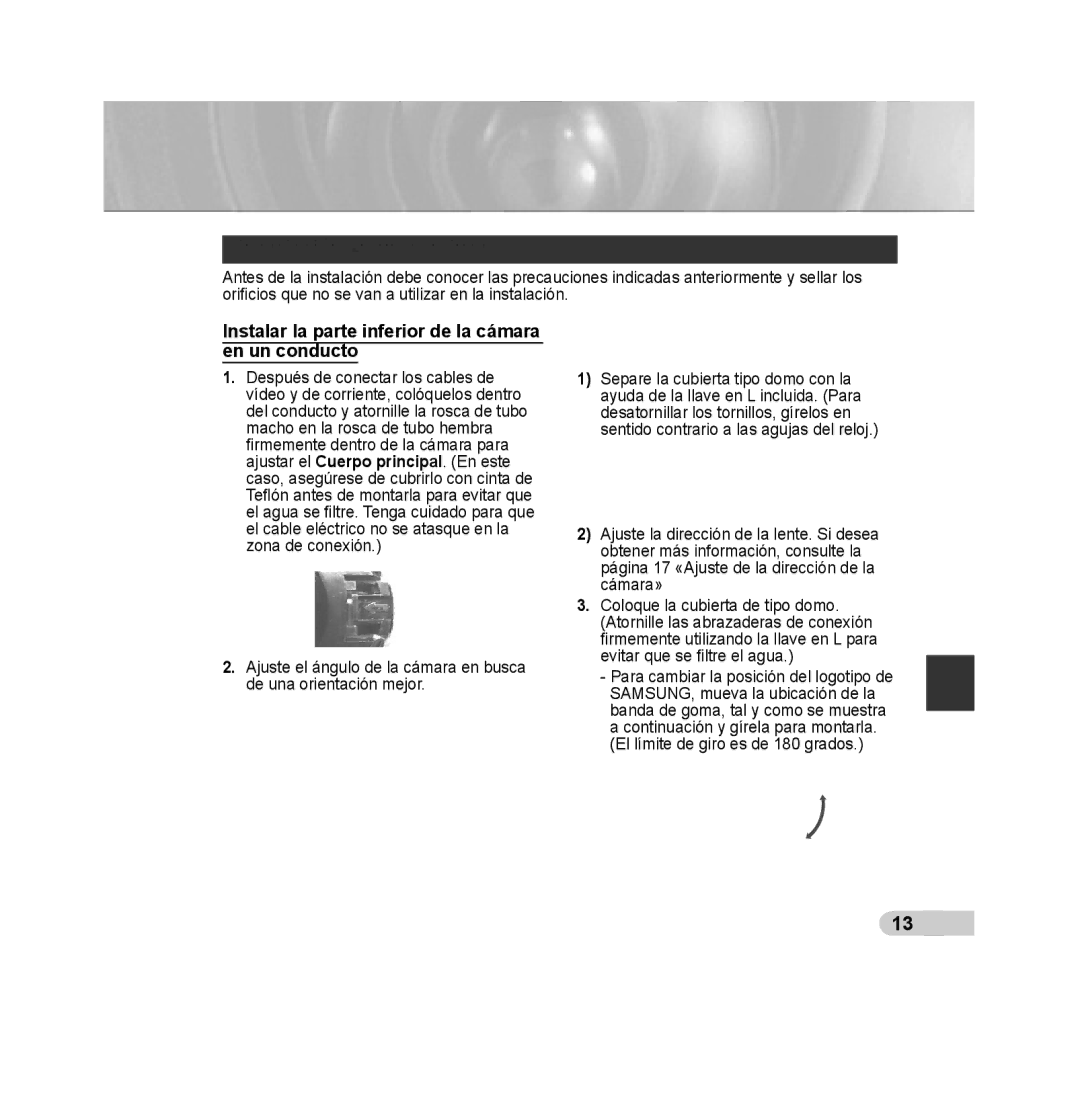 Samsung SCC-B5392P, SCC-B5393P manual Instalación en un conducto, Instalar la parte inferior de la cámara en un conducto 