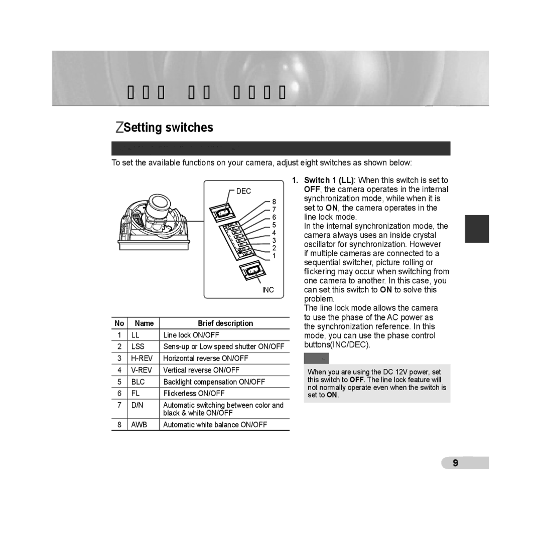 Samsung SCC-B5392P, SCC-B5393P manual Installation, Setting switches, Setting function switches, Name Brief description 