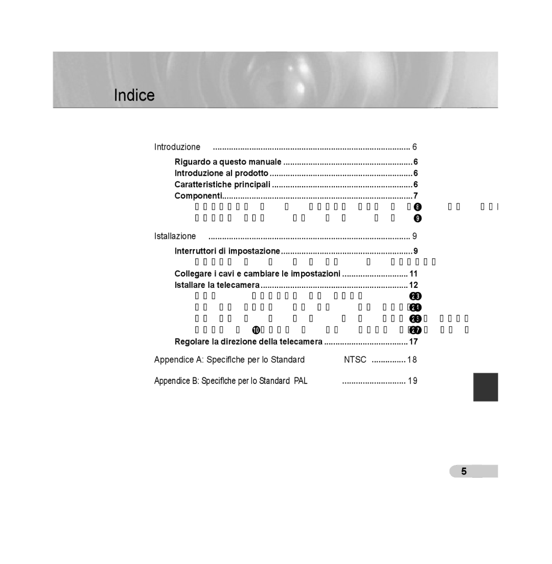 Samsung SCC-B5392P, SCC-B5393P manual Indice, Appendice B Speciﬁche per lo Standard PAL 