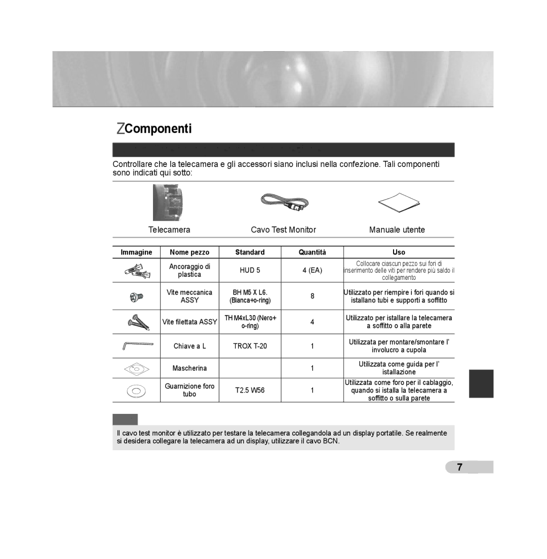 Samsung SCC-B5392P, SCC-B5393P manual Componenti, Controllare i componenti nella confezione, Immagine 