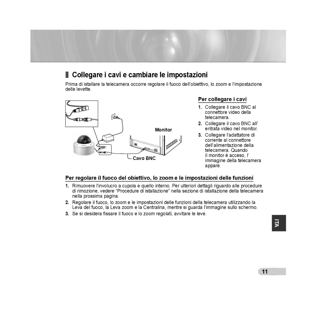 Samsung SCC-B5392P, SCC-B5393P manual Collegare i cavi e cambiare le impostazioni, Per collegare i cavi, Monitor Cavo BNC 