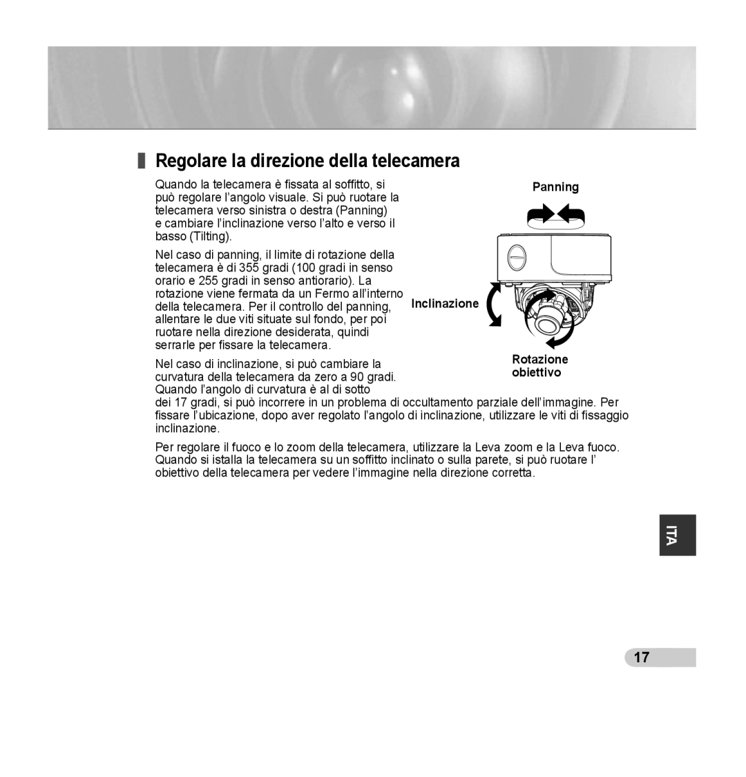 Samsung SCC-B5392P, SCC-B5393P manual Regolare la direzione della telecamera, Panning 