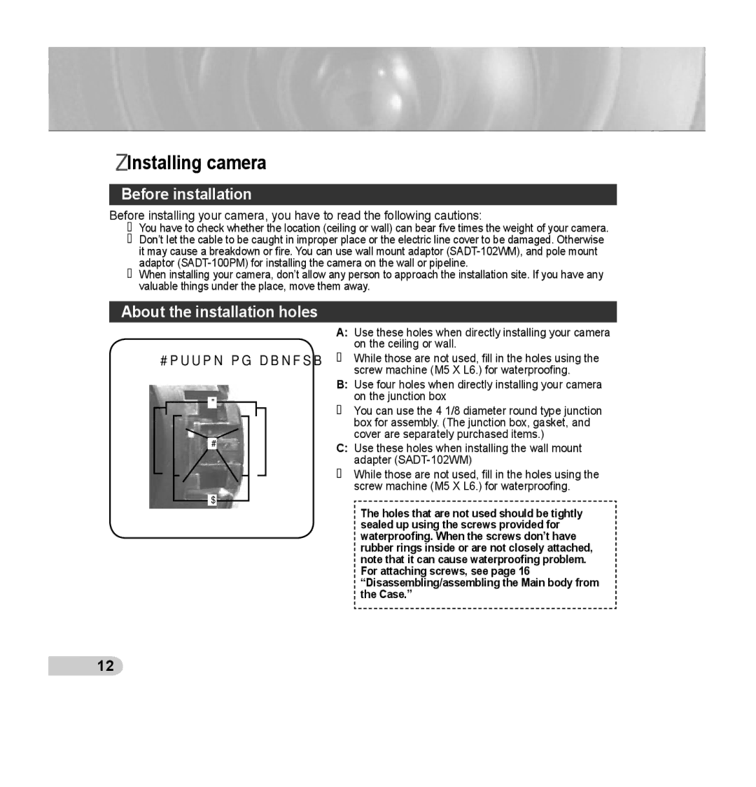 Samsung SCC-B5393P, SCC-B5392P manual Installing camera, Before installation, About the installation holes 