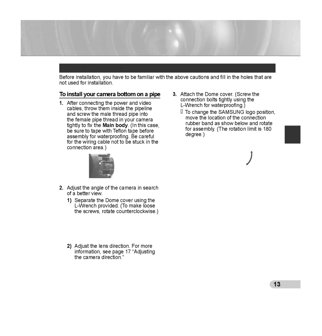 Samsung SCC-B5392P, SCC-B5393P manual Installing on a pipe, To install your camera bottom on a pipe 