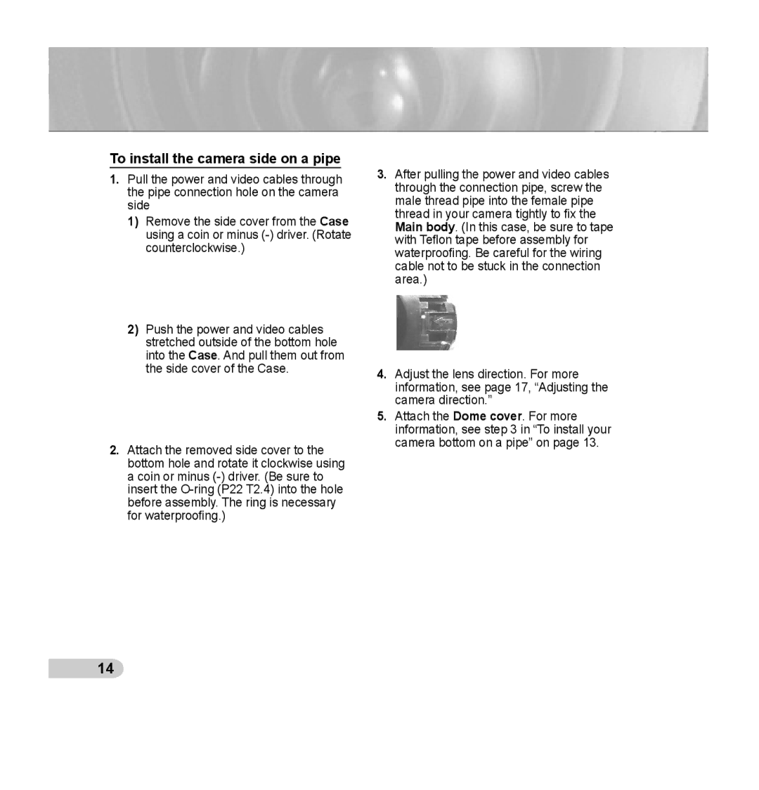 Samsung SCC-B5393P, SCC-B5392P manual To install the camera side on a pipe 