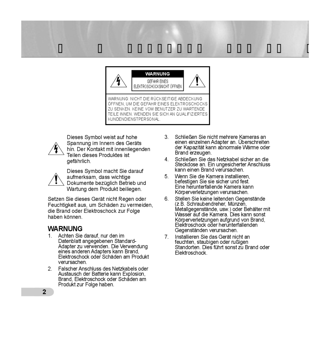 Samsung SCC-B5393P, SCC-B5392P manual Sicherheitsvorsichtsmaßnahmen, Warnung 