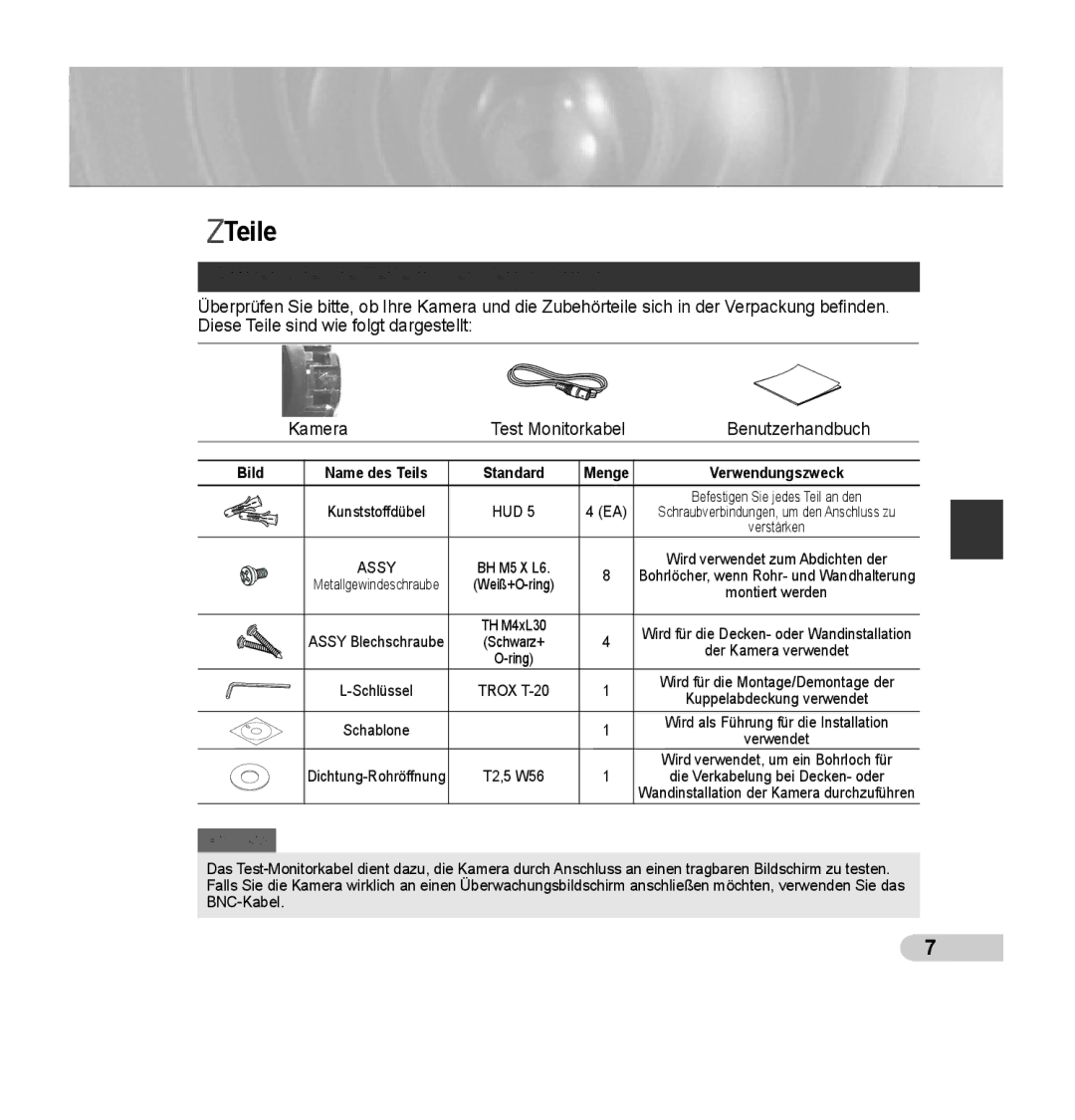 Samsung SCC-B5392P, SCC-B5393P manual Prüfen Sie die Teile in der Verpackung, Bild 