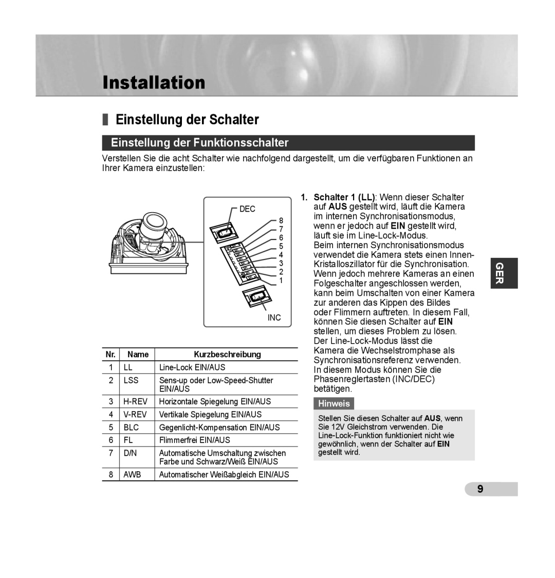 Samsung SCC-B5392P, SCC-B5393P manual Einstellung der Schalter, Einstellung der Funktionsschalter, Name Kurzbeschreibung 