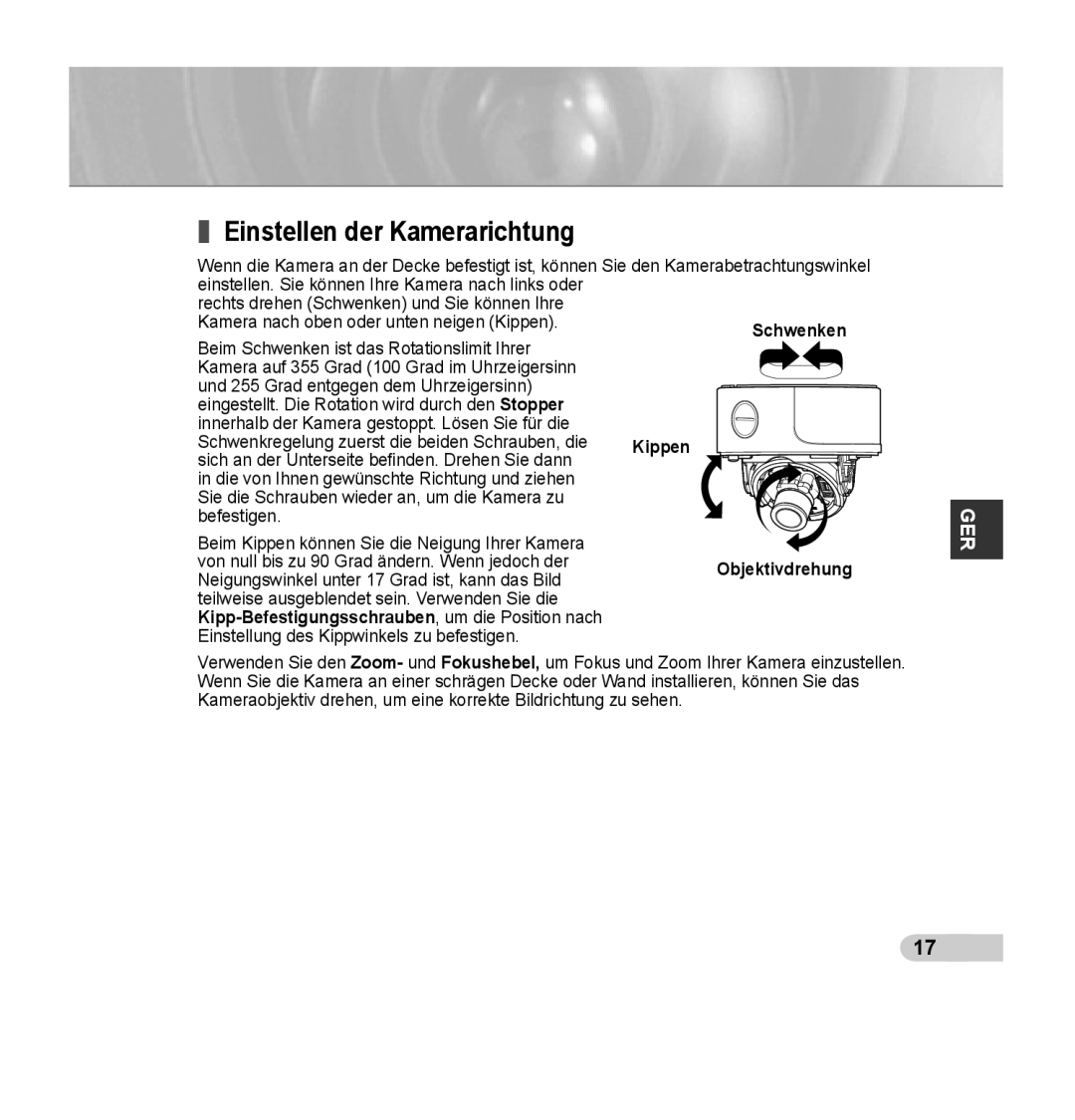 Samsung SCC-B5392P Einstellen der Kamerarichtung, Schwenken, Kippen, Kipp-Befestigungsschrauben, um die Position nach 