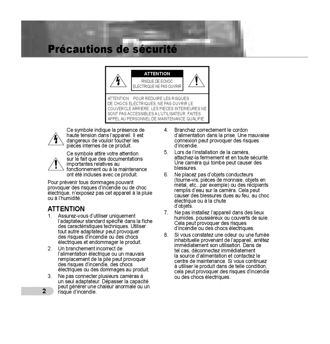 Samsung SCC-B5393P, SCC-B5392P manual Précautions de sécurité 