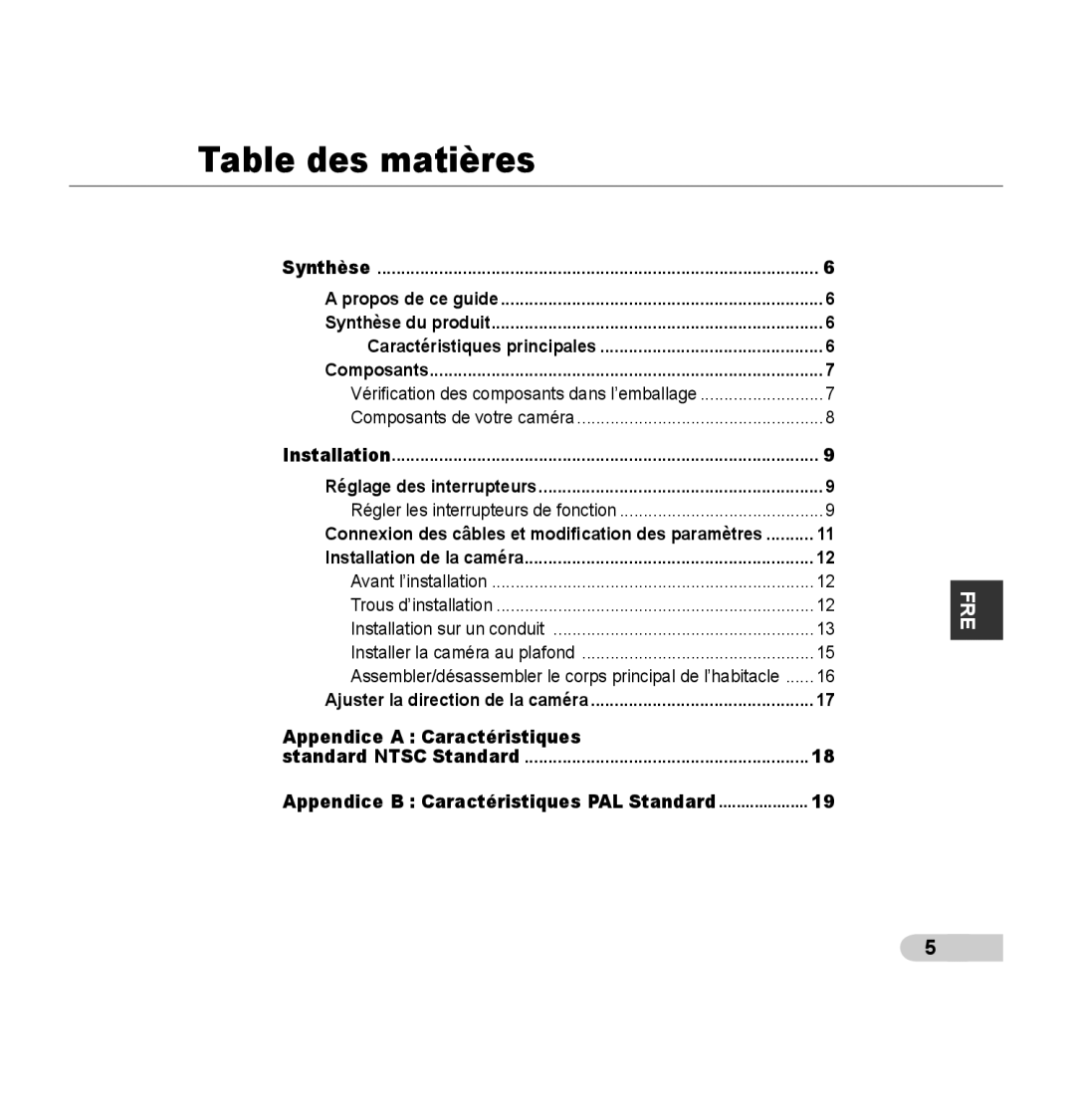 Samsung SCC-B5392P, SCC-B5393P manual Table des matières, Appendice a Caractéristiques 