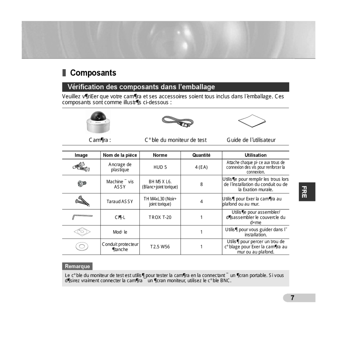 Samsung SCC-B5392P, SCC-B5393P manual Composants, Vériﬁcation des composants dans l’emballage 