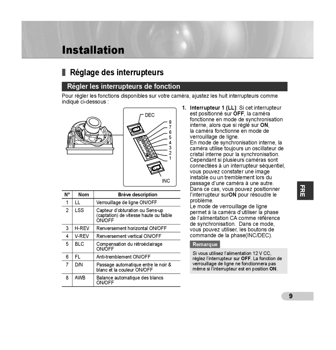 Samsung SCC-B5392P, SCC-B5393P manual Réglage des interrupteurs, Régler les interrupteurs de fonction, Nom Brève description 