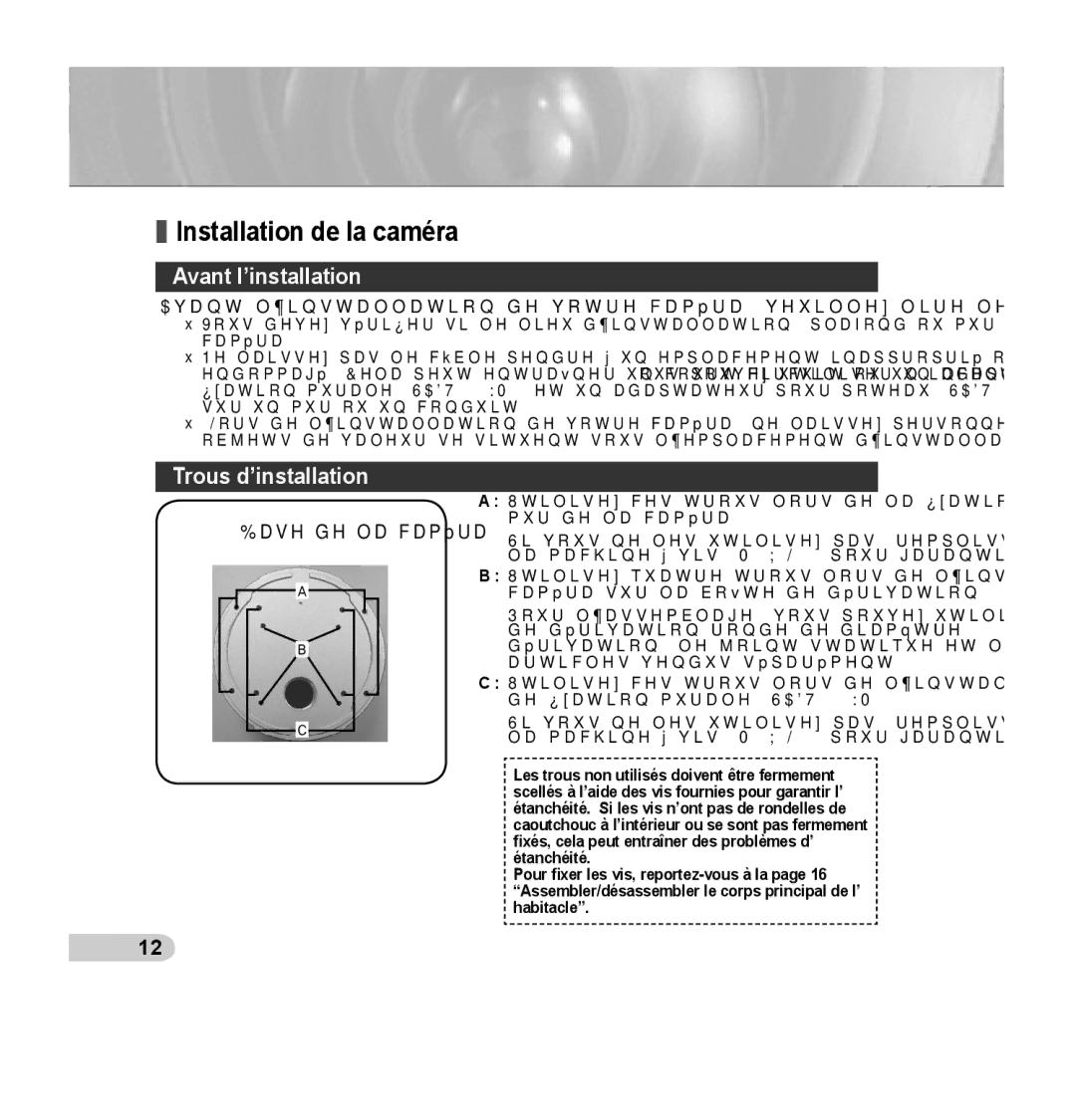 Samsung SCC-B5393P, SCC-B5392P manual Installation de la caméra, Avant l’installation, Trous d’installation 