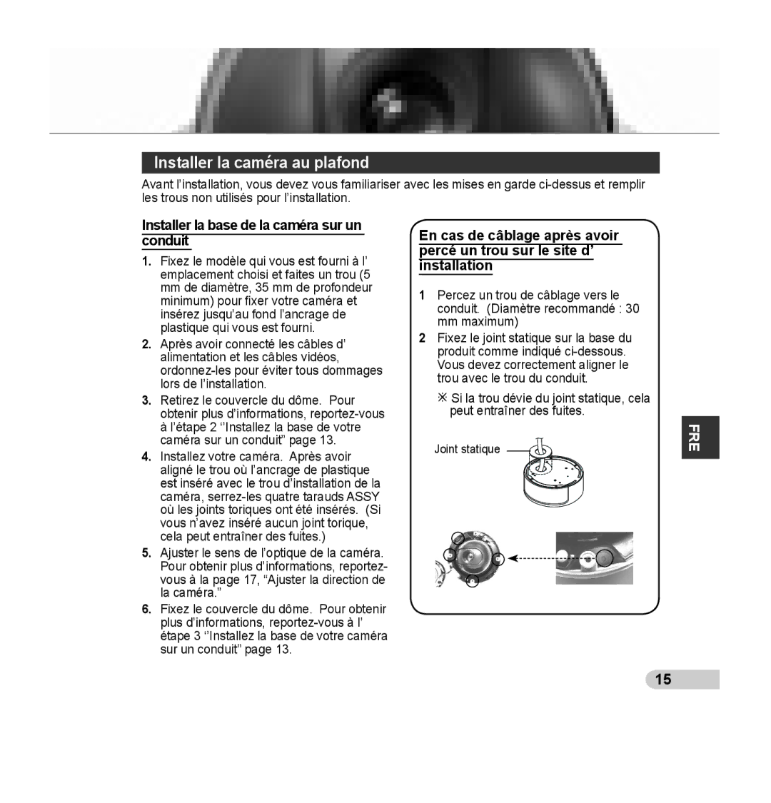 Samsung SCC-B5392P, SCC-B5393P manual Installer la caméra au plafond 