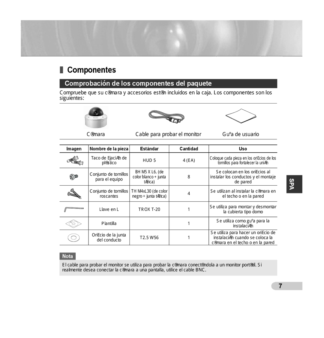 Samsung SCC-B5392P, SCC-B5393P manual Componentes, Comprobación de los componentes del paquete, Imagen 