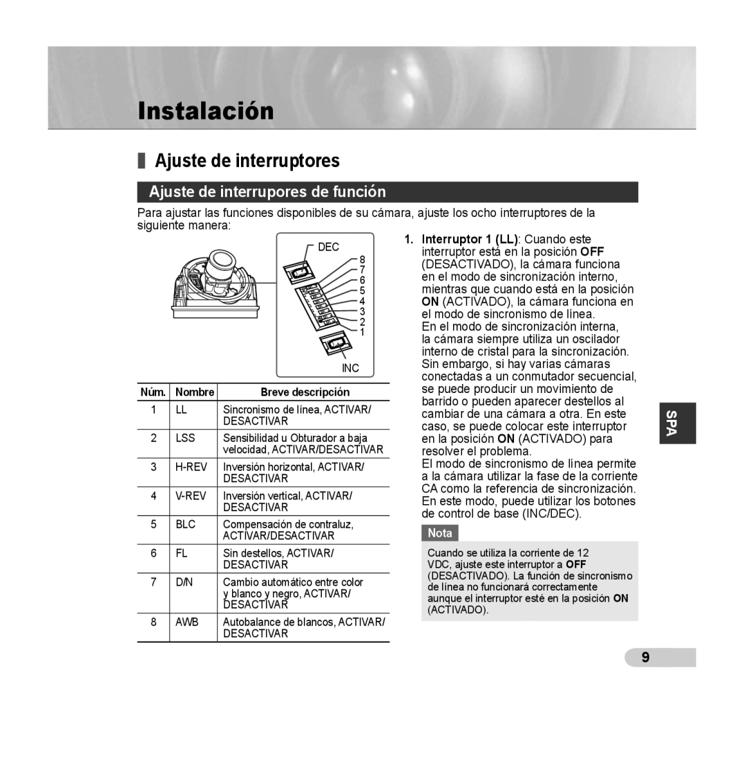 Samsung SCC-B5392P Instalación, Ajuste de interruptores, Ajuste de interrupores de función, Núm Nombre Breve descripción 