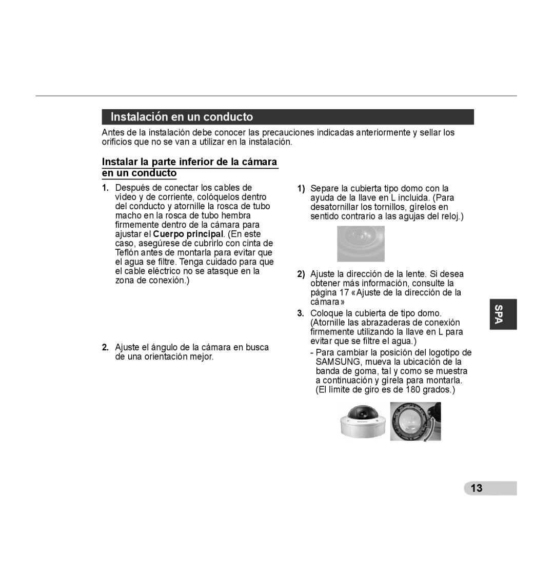 Samsung SCC-B5392P, SCC-B5393P manual Instalación en un conducto, Instalar la parte inferior de la cámara en un conducto 