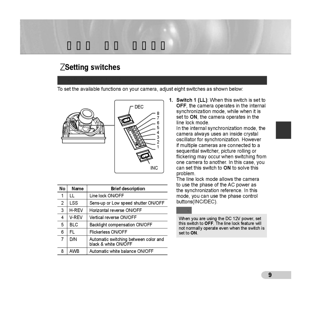 Samsung SCC-B5392P, SCC-B5393P manual Installation, Setting switches, Setting function switches, Name Brief description 