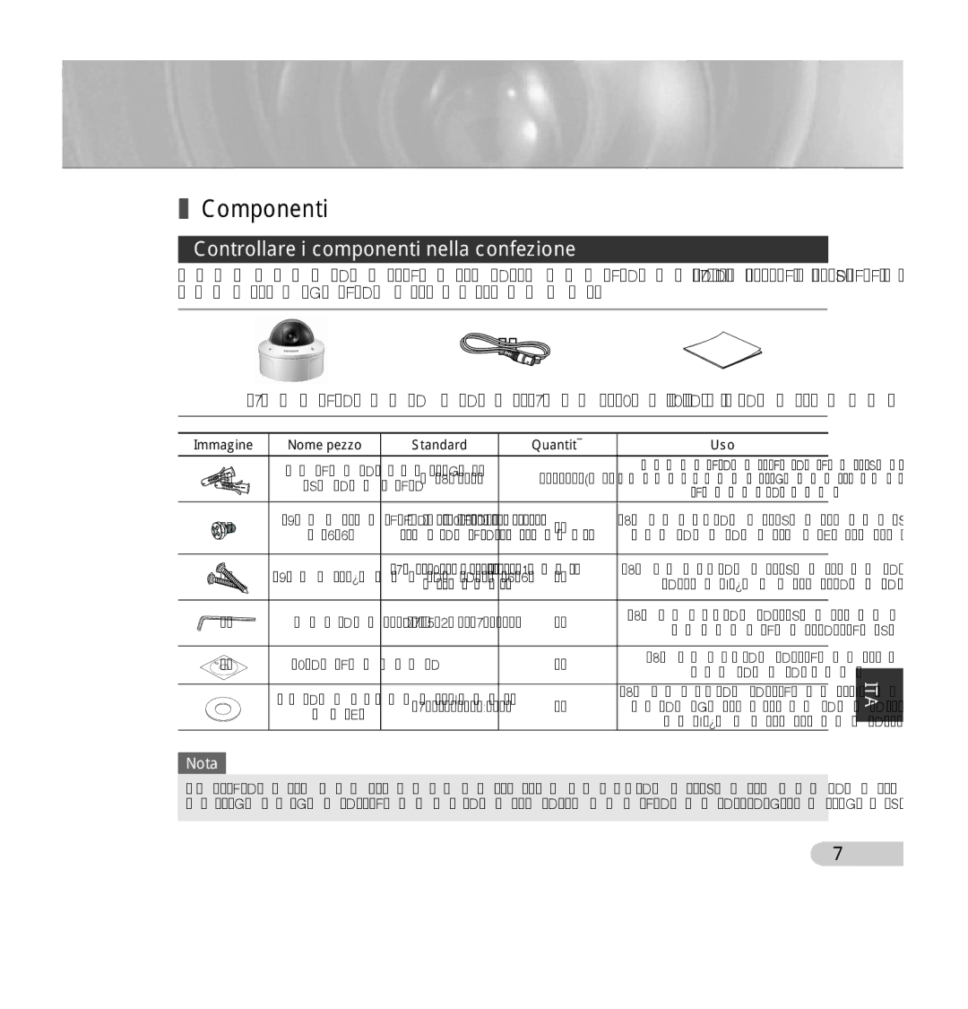 Samsung SCC-B5392P, SCC-B5393P manual Componenti, Controllare i componenti nella confezione, Immagine 