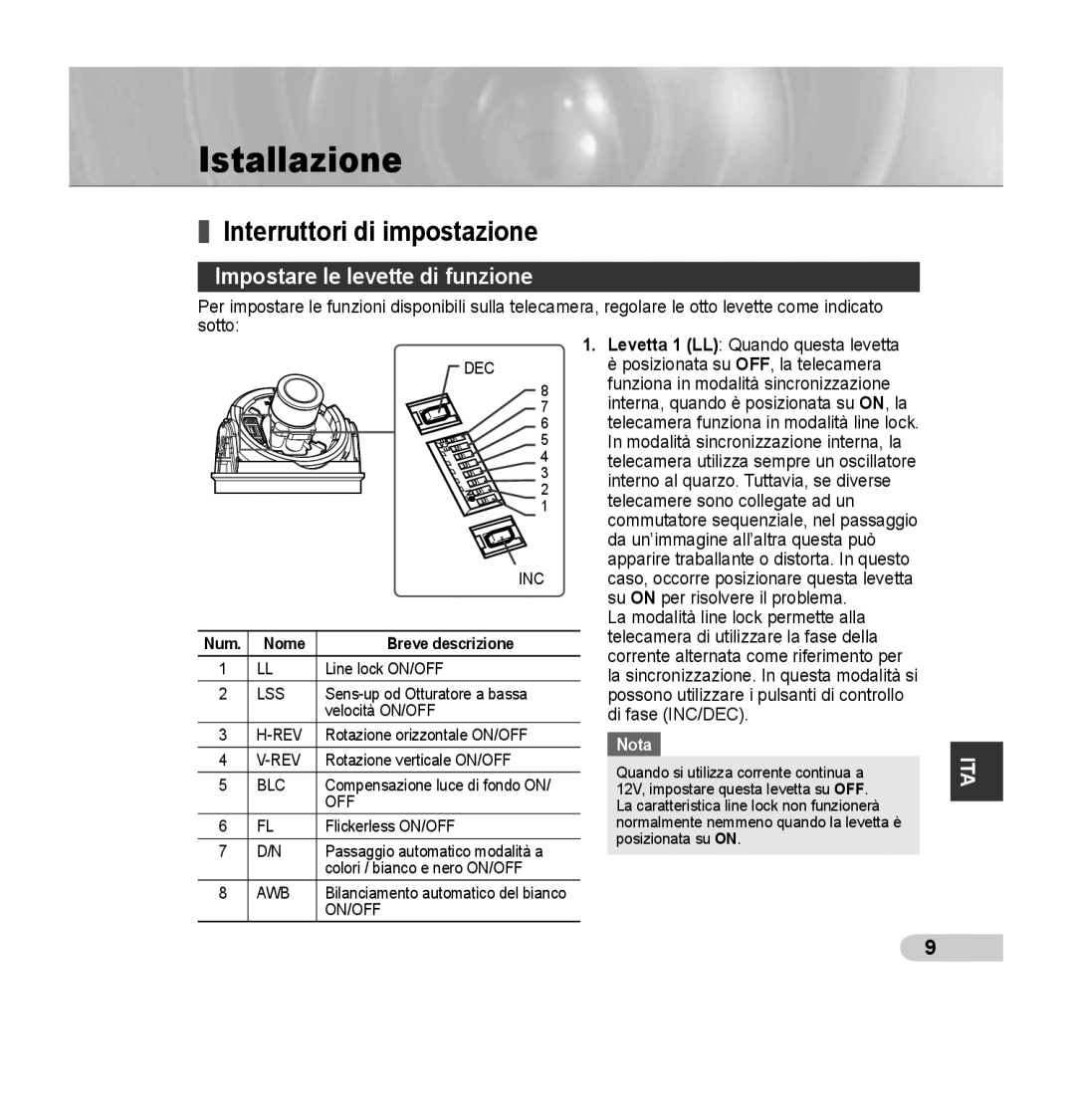 Samsung SCC-B5392P, SCC-B5393P manual Istallazione, Interruttori di impostazione, Impostare le levette di funzione 