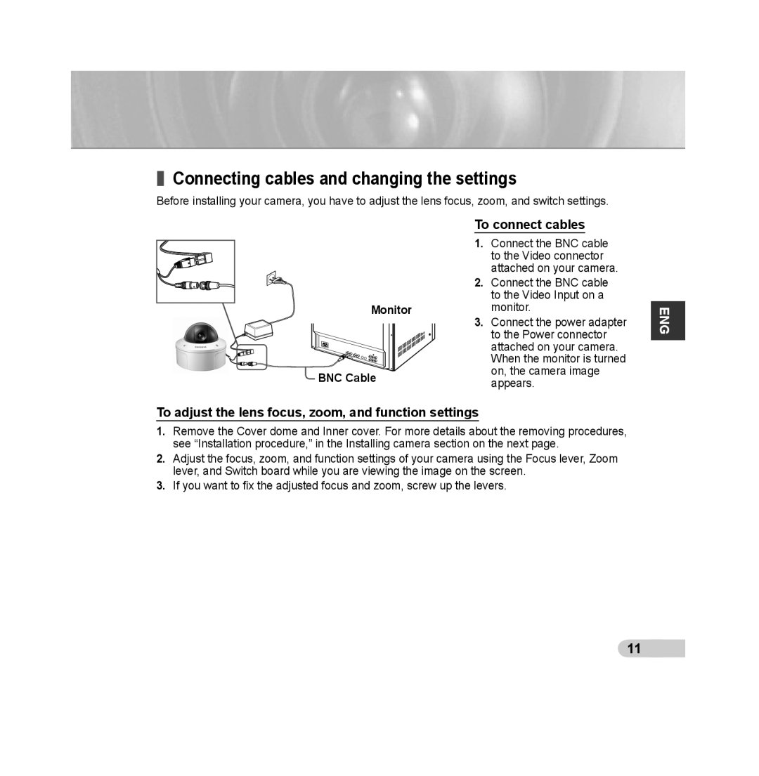 Samsung SCC-B5392P, SCC-B5393P manual Connecting cables and changing the settings, To connect cables, Monitor BNC Cable 
