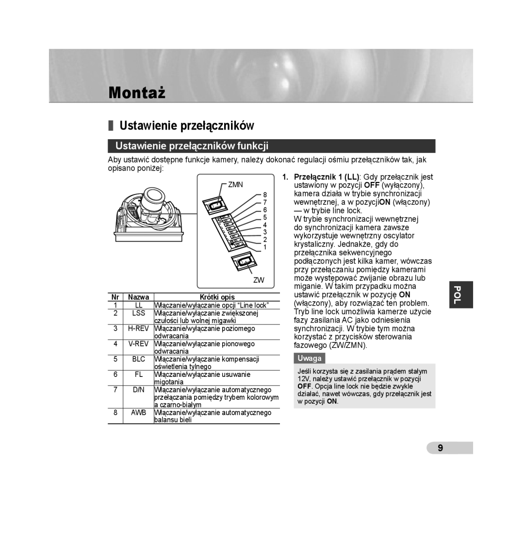 Samsung SCC-B5392P, SCC-B5393P manual Montaż, Ustawienie przełączników funkcji, Uwaga 