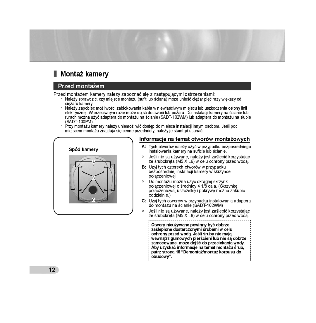 Samsung SCC-B5393P, SCC-B5392P manual Montaż kamery, Przed montażem, Informacje na temat otworów montażowych, Spód kamery 