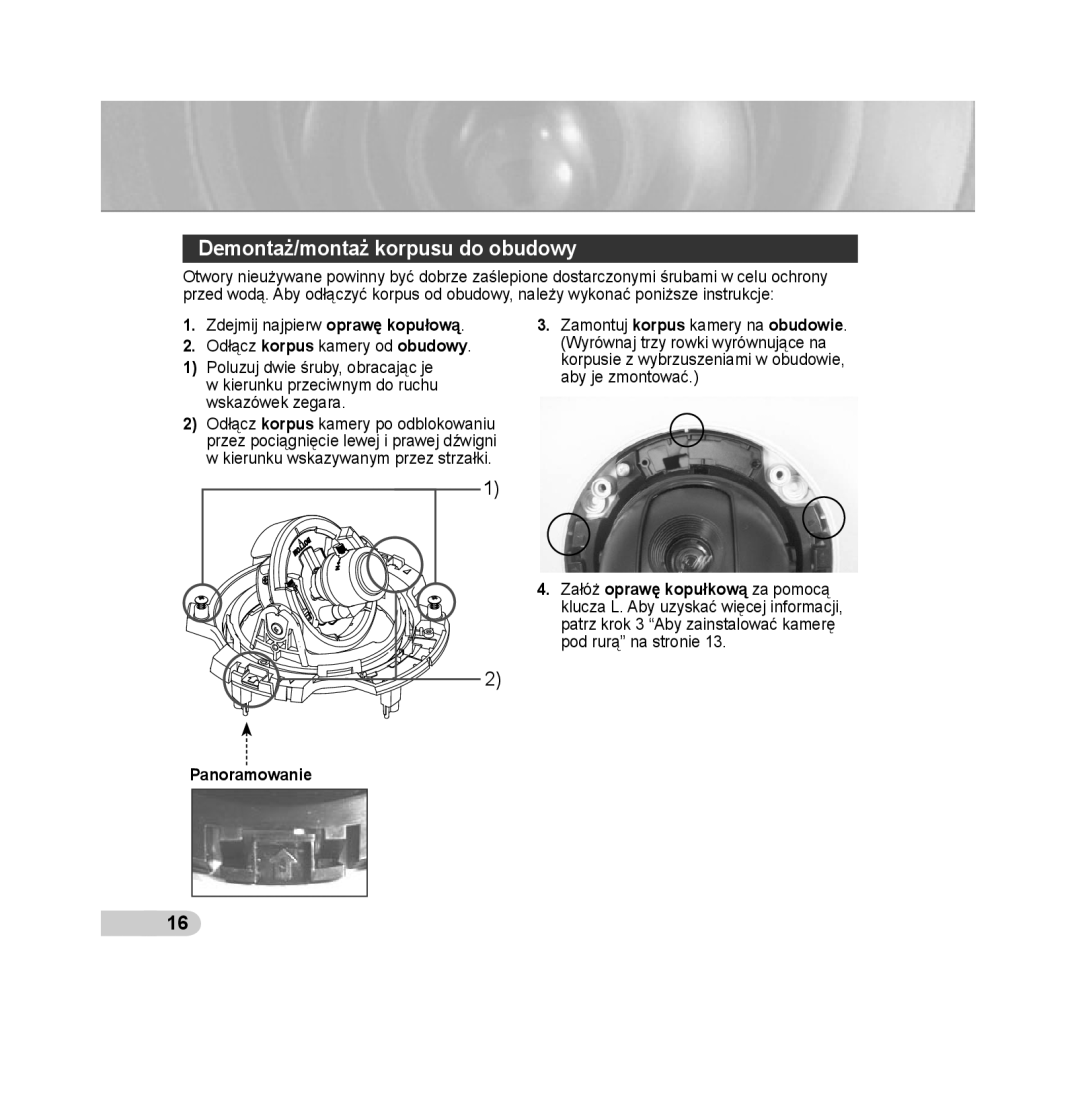 Samsung SCC-B5393P, SCC-B5392P manual Demontaż/montaż korpusu do obudowy, Panoramowanie 