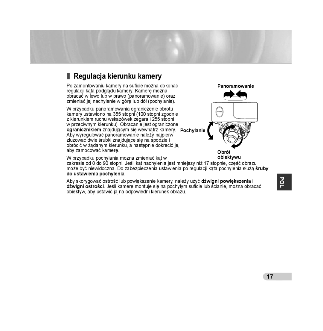 Samsung SCC-B5392P, SCC-B5393P manual Regulacja kierunku kamery 