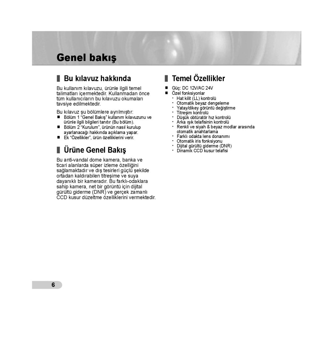 Samsung SCC-B5393P, SCC-B5392P manual Genel bakış, Bu kılavuz hakkında, Ürüne Genel Bakış, Temel Özellikler 