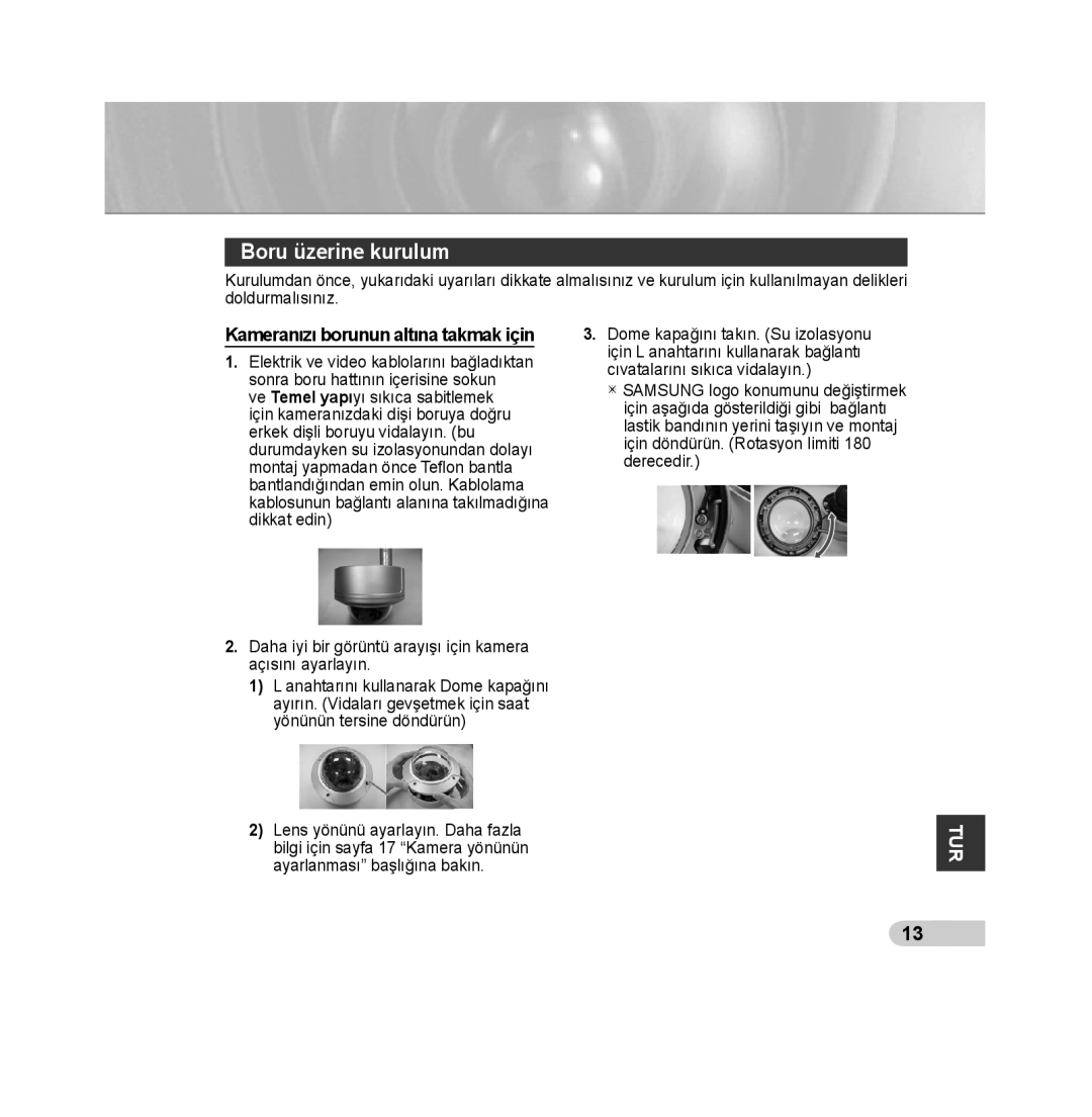 Samsung SCC-B5392P, SCC-B5393P manual Boru üzerine kurulum, Kameranızı borunun altına takmak için 