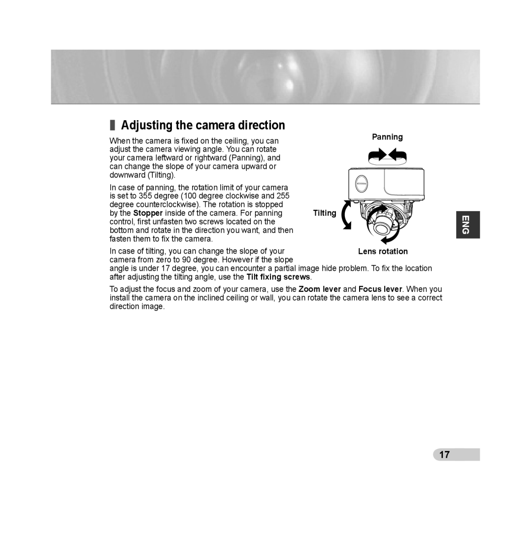 Samsung SCC-B5392P, SCC-B5393P manual Adjusting the camera direction 