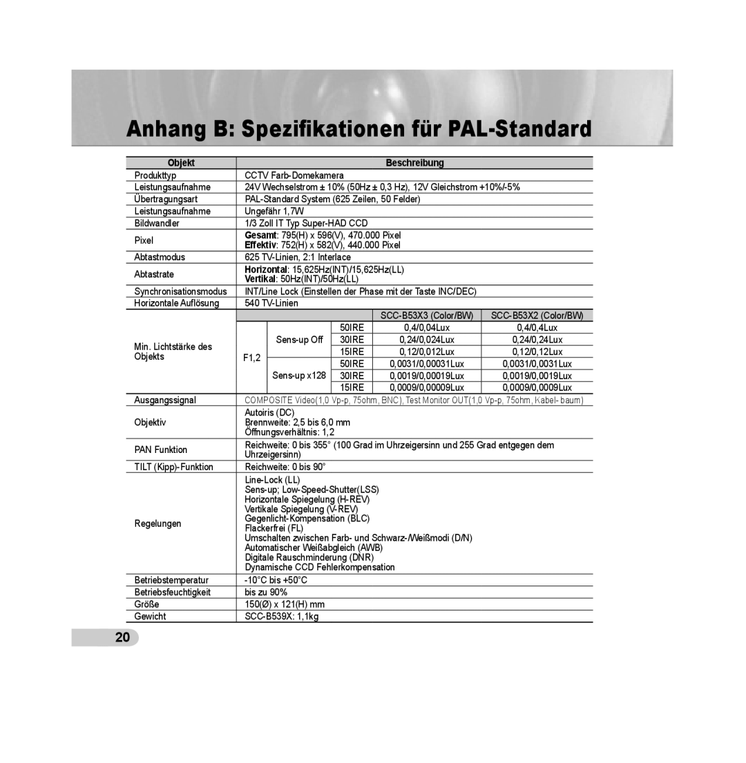 Samsung SCC-B5393P, SCC-B5392P manual Anhang B Speziﬁkationen für PAL-Standard, Objekt, Beschreibung 