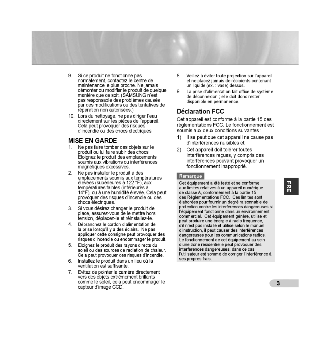 Samsung SCC-B5392P, SCC-B5393P manual Mise En Garde, Déclaration FCC, Remarque 