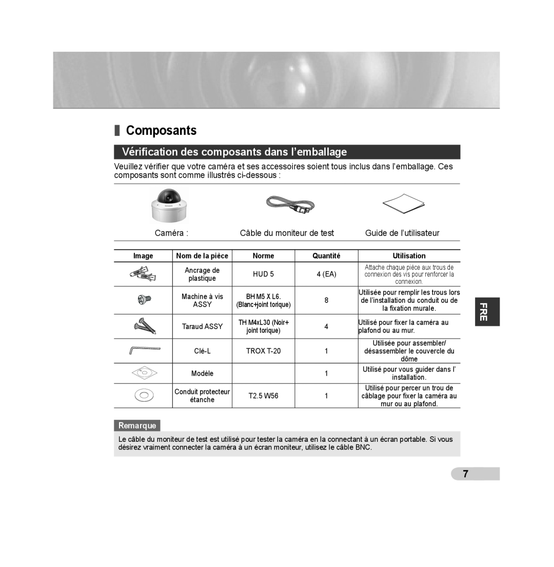 Samsung SCC-B5392P Composants, Vériﬁcation des composants dans l’emballage, Remarque, Nom de la pièce, Norme, Quantité 