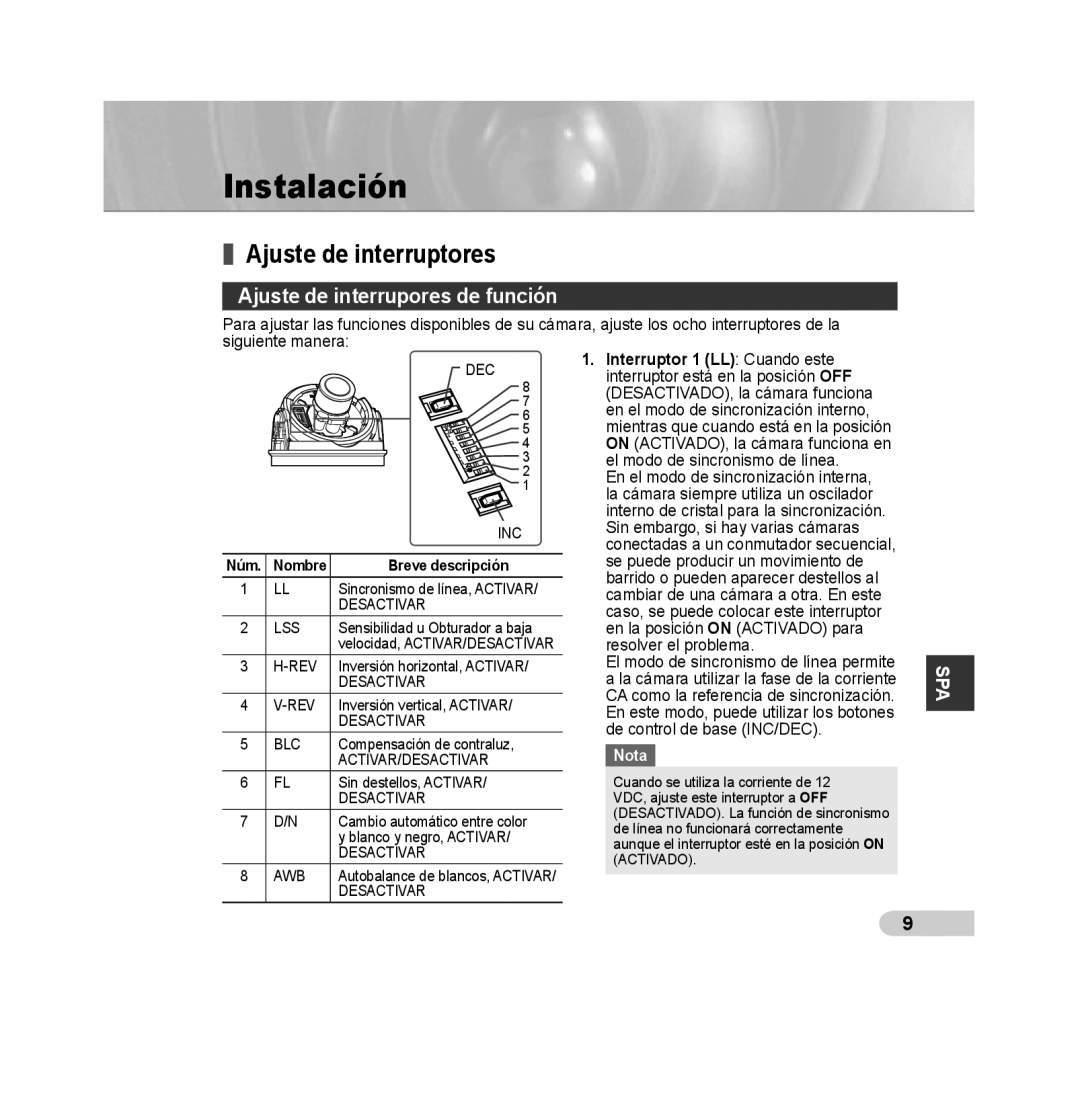 Samsung SCC-B5392P, SCC-B5393P manual Instalación, Ajuste de interruptores, Ajuste de interrupores de función, Nota 