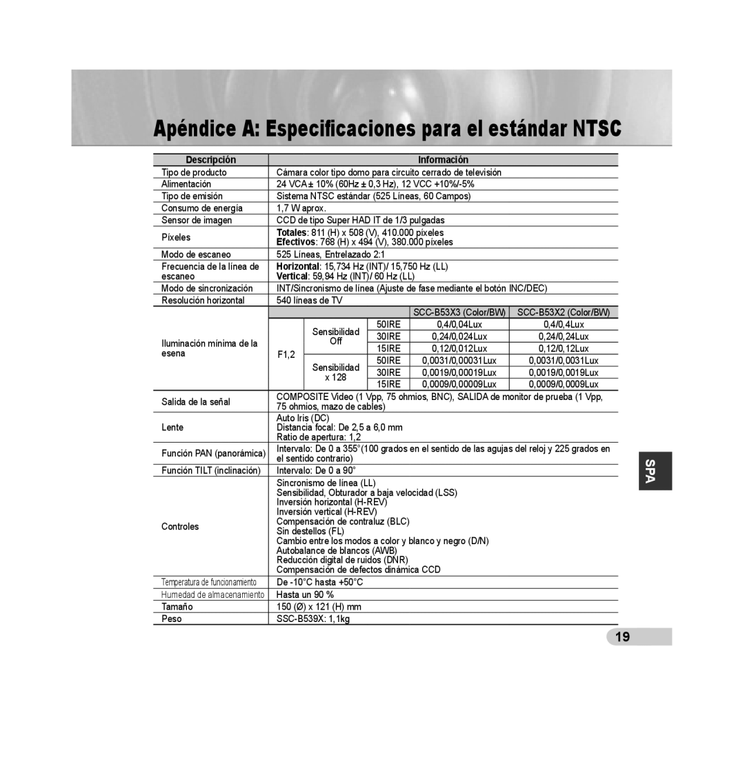 Samsung SCC-B5392P, SCC-B5393P manual Apéndice A Especiﬁcaciones para el estándar NTSC, Descripción, Información 