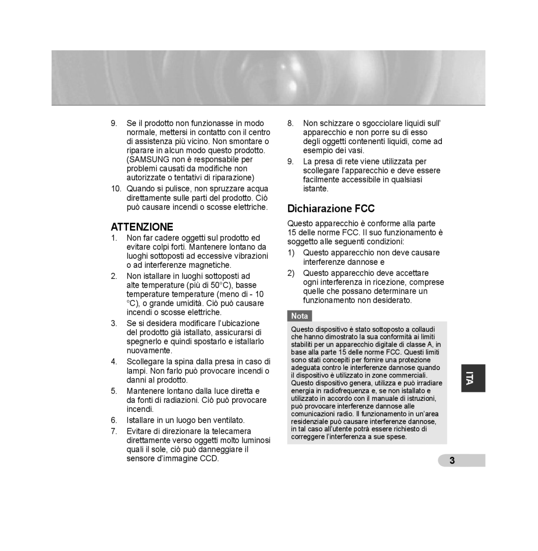 Samsung SCC-B5392P, SCC-B5393P manual Attenzione, Dichiarazione FCC, Nota 