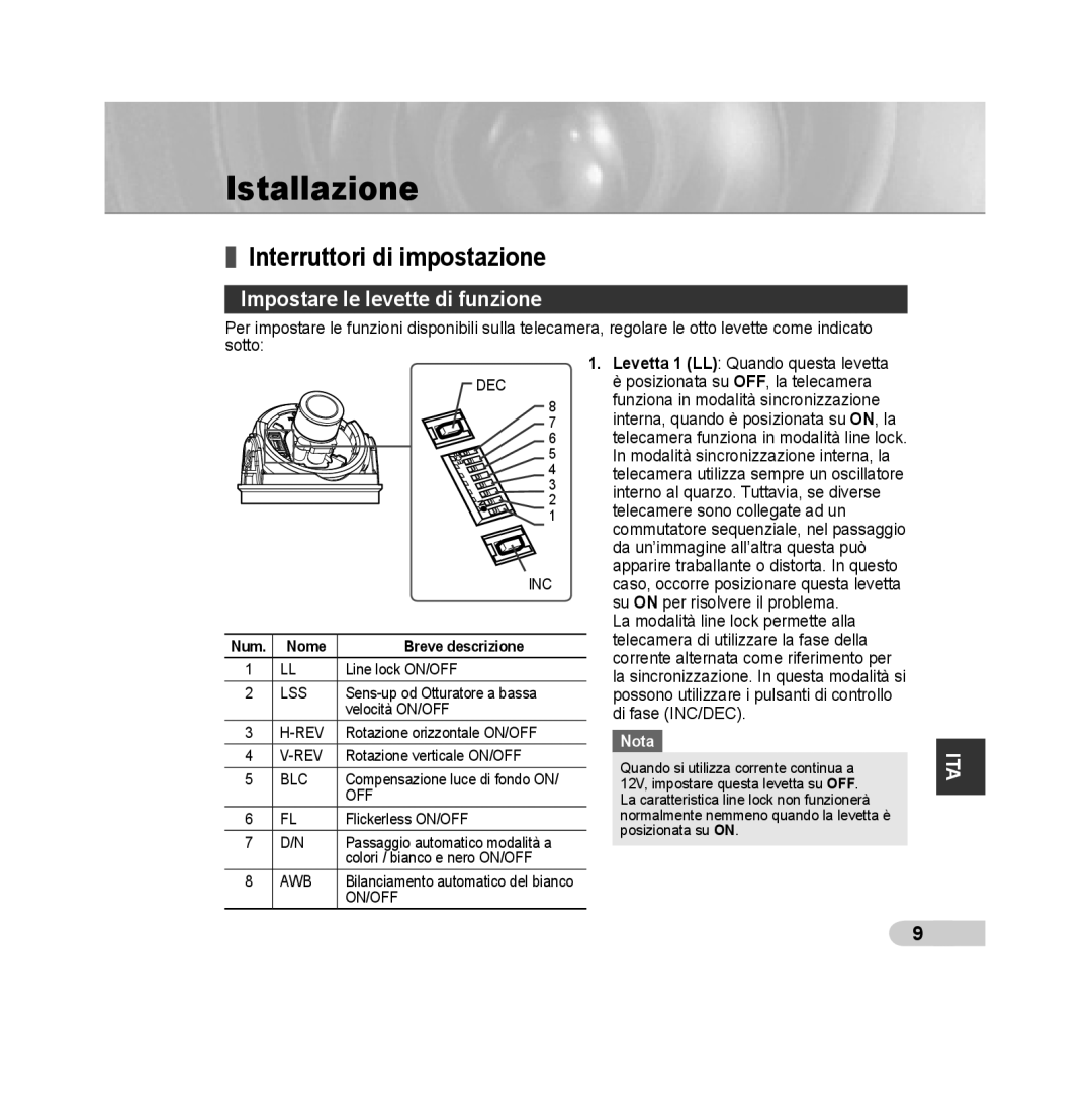 Samsung SCC-B5392P, SCC-B5393P manual Istallazione, Interruttori di impostazione, Impostare le levette di funzione, Nota 