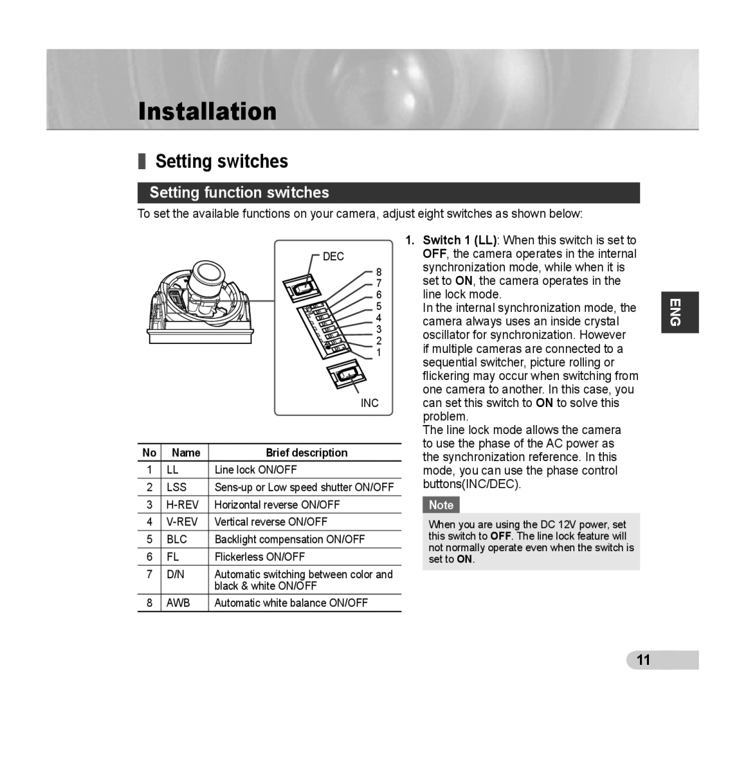 Samsung SCC-B5395N, SCC-B5394P manual Installation, Setting switches, Setting function switches, Name Brief description 