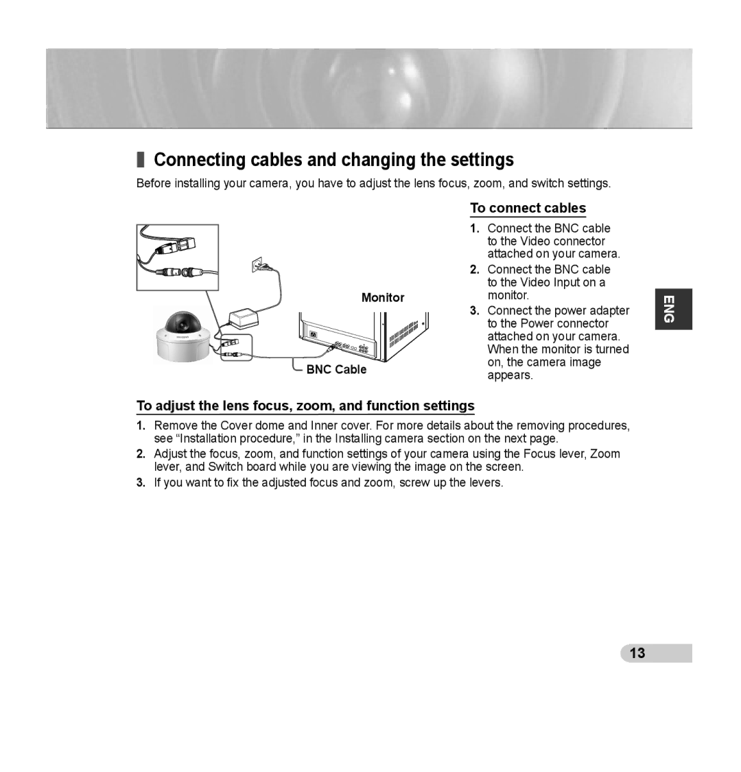 Samsung SCC-B5395P, SCC-B5394P, SCC-B5395N manual Connecting cables and changing the settings, To connect cables 