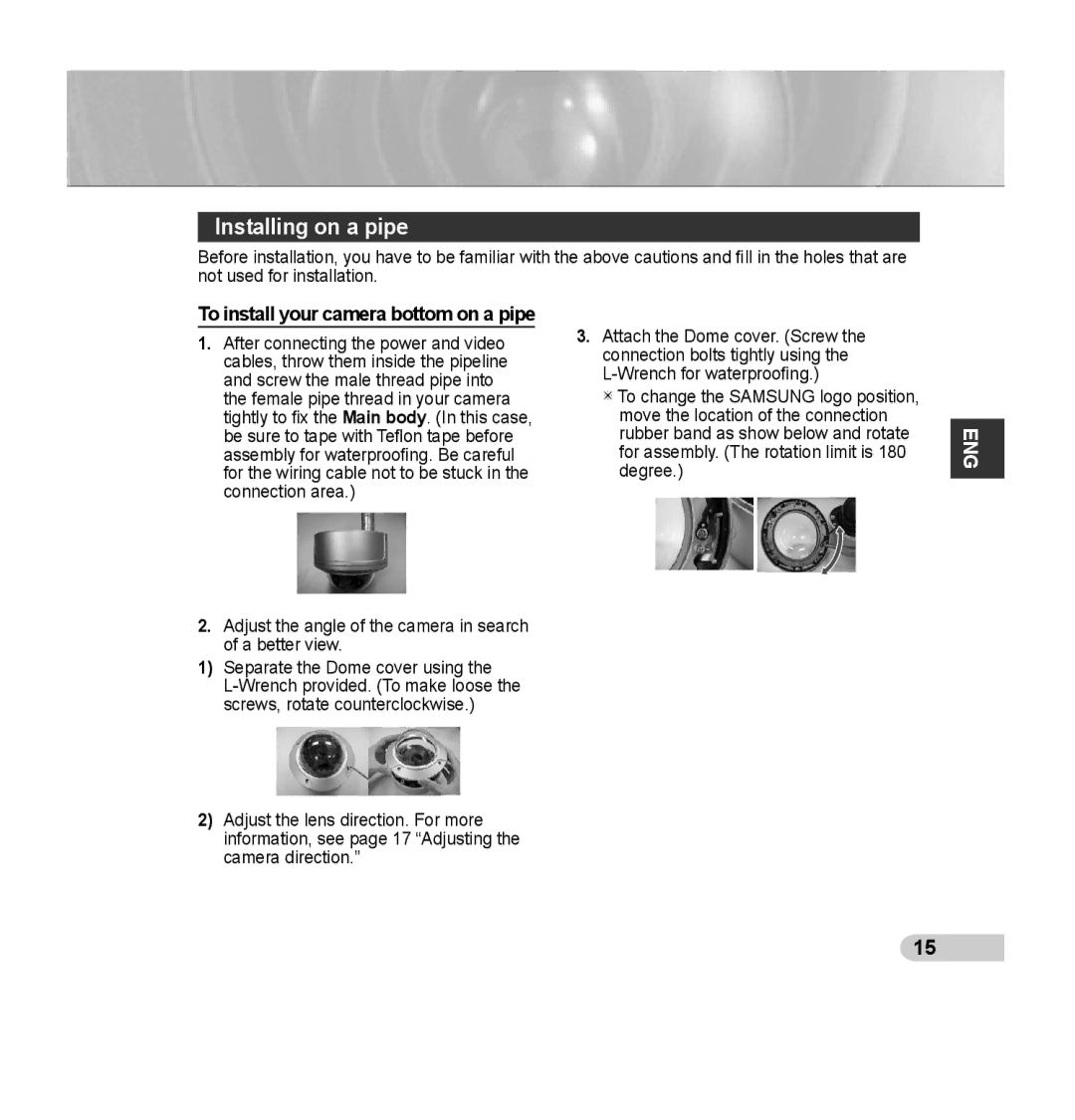 Samsung SCC-B5394P, SCC-B5395P, SCC-B5395N manual Installing on a pipe, To install your camera bottom on a pipe 