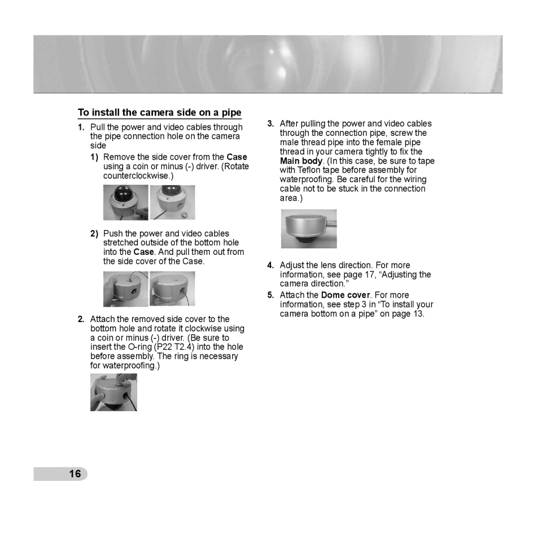 Samsung SCC-B5395P, SCC-B5394P, SCC-B5395N manual To install the camera side on a pipe 