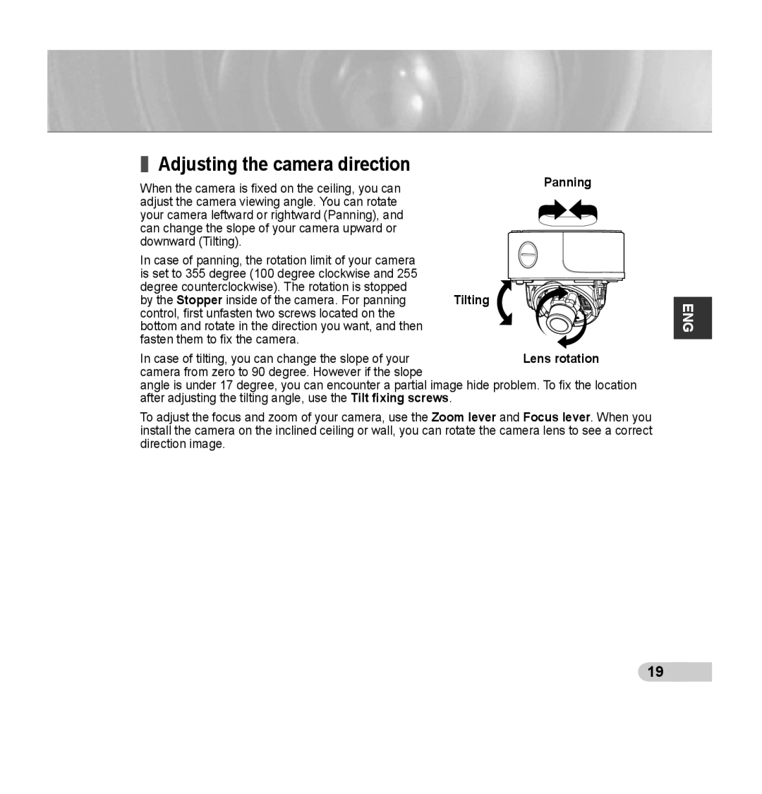 Samsung SCC-B5395P, SCC-B5394P, SCC-B5395N manual Adjusting the camera direction 