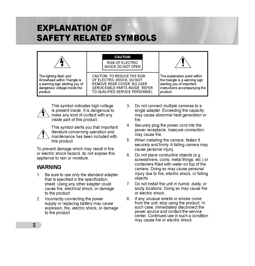 Samsung SCC-B5395N, SCC-B5394P, SCC-B5395P manual Explanation Safety Related Symbols 