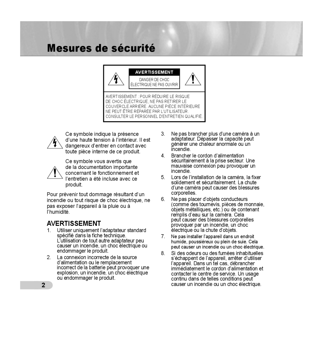 Samsung SCC-B5395N, SCC-B5394P, SCC-B5395P manual Mesures de sécurité, Avertissement 